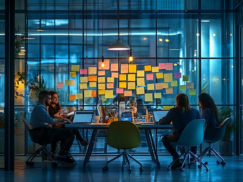Team collaborating in modern office with sticky notes on glass wall at dusk